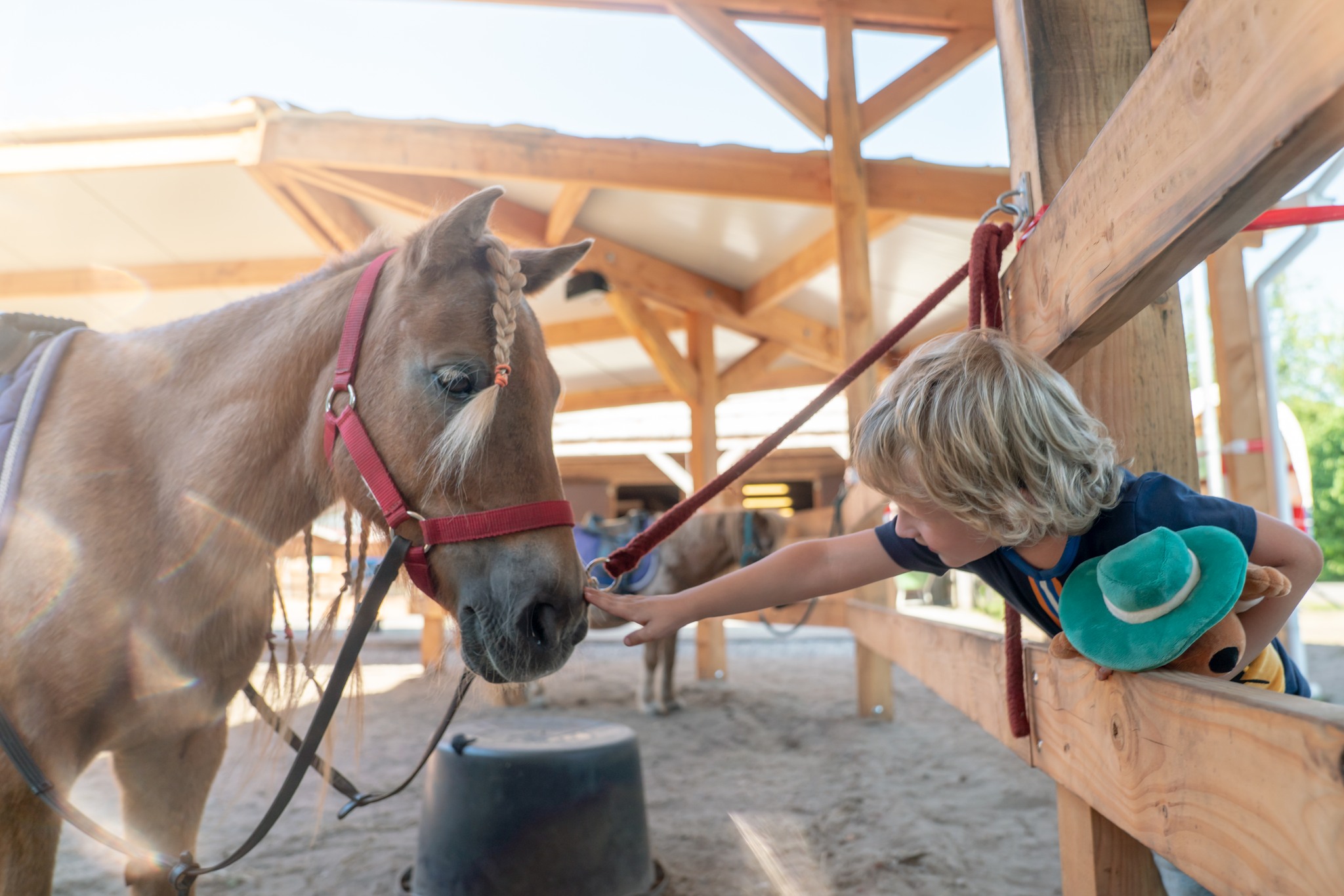 Jongetje met een pony op Land van Bartje bij de ponyranch.
