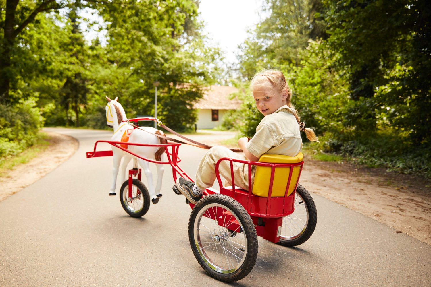 Kind op een driewieler met paard bij de fietsverhuur van Land van Bartje.